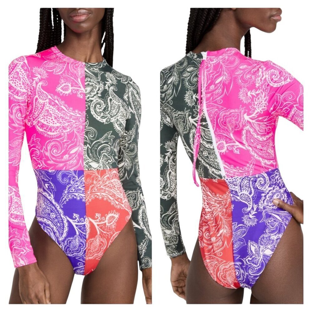 Mara Hoffman Reese Rash Guard One Piece Swimsuit 3X Multicolor Paisley NWT $375
